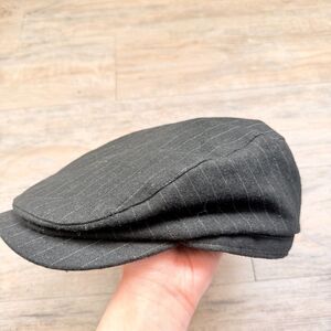 Black Pinstripe Newsboy Flat Cap Hat Size L/XL Vintage Tax Driver Y2K 90s 80s